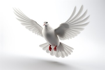 Obraz premium A graceful white dove in mid-flight with outstretched wings against a soft, light background