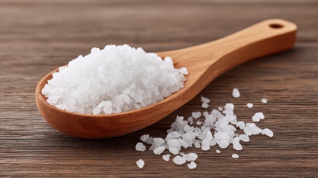 Close-Up of Sea Salt on Wooden Spoon on Rustic Wooden Surface for Culinary Use in Cooking and Baking Applications