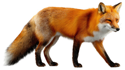 Obraz premium Red Fox in Motion: A majestic red fox, its vibrant russet fur and alert gaze, walks confidently, portraying the beauty of wilderness in a photorealistic style.