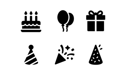 Celebration icons of cake balloons hat and gift in simple black silhouette style