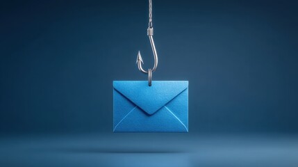 Blue envelope on a fishing hook against a dark background illustrating themes of communication, connection, and phishing attacks in digital security