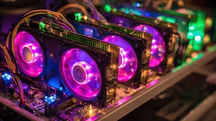 Cryptocurrency Mining Rig with Pink LED Fans and Visible Motherboard Components