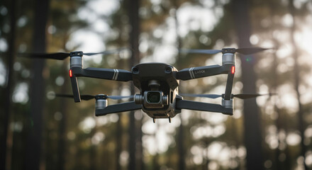 A sophisticated drone hovers in a sun-drenched forest, its propellers spinning with dynamic motion blur. The focus is sharp on the drone's advanced camera and design