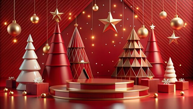 Opulent Holiday Display Featuring Red and Gold Christmas Trees and Festive Ornaments for Product Showcase