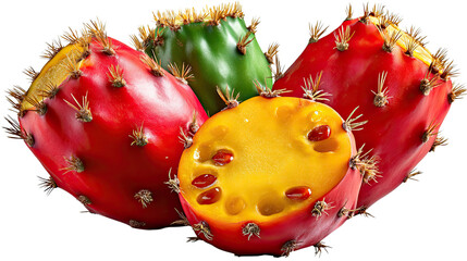Prickly Pear Cactus Fruit Close-up: A collection of vibrantly colored prickly pear cactus fruits, displaying textures and vivid hues of red, green, and yellow, and enticing the viewer's senses.