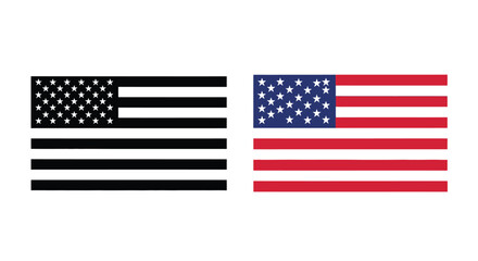 Two contrasting representations of the American flag, one in black and white, the other in color.