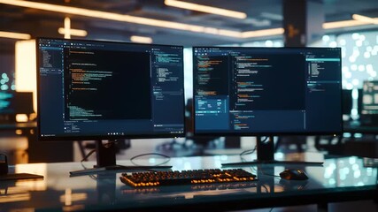 Cinematic dual-monitor programming desk in cyberpunk office, animated code flow, glowing lights and immersive motion