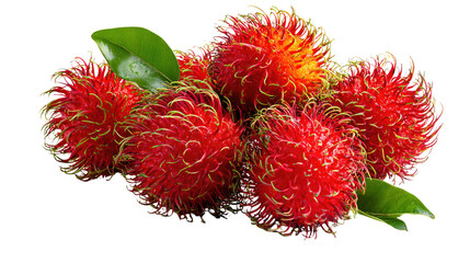 Tropical Rambutans: a close-up shot displays vibrant red rambutans with their distinctive, spiky exteriors and a few green leaves, showcasing the exotic allure and sweetness of the tropical fruit. 