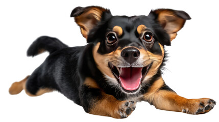 Energetic canine flight: A black and brown dog leaps in mid-air with boundless joy, captured in a vibrant display of pure canine delight.