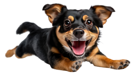 Energetic canine flight: A black and brown dog leaps in mid-air with boundless joy, captured in a vibrant display of pure canine delight.