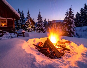 Cozy winter campfire scene