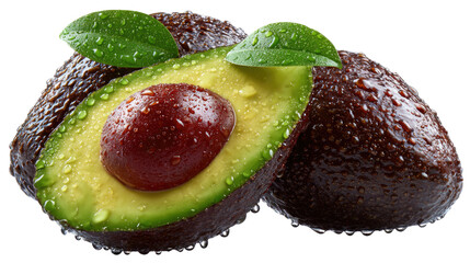 Avocado Delights: A tantalizing display of ripe avocados, both whole and halved, glistening with droplets of freshness, revealing the vibrant green flesh and the promise of a healthy, delicious treat.