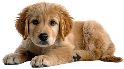 Golden Retriever Puppy's Candid Gaze: An adorable golden retriever puppy captivates with its innocent gaze, exuding warmth, charm, and unwavering loyalty. A charming canine companion