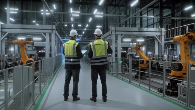 Two Engineers in Safety Vests Use a Tablet to Interact With Holographic Data in a High-tech Factory, Activate AI Facility Analysis, Advanced Machinery, Digital Interfaces, Futuristic Manufacturing