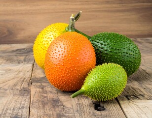 Colorful exotic fruits on a wooden table