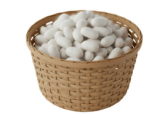 茶色のバスケットに白い繭が詰まったクローズアップ写真 バスケット織りの自然なテクスチャ