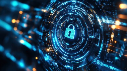 A futuristic digital lock surrounded by glowing circuits, symbolizing cybersecurity and data protection in a high-tech environment.