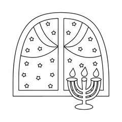 Outline drawing of a window with stars and a menorah Keywords: Hanukkah, window, stars, menorah, celebration, holiday, Jewish, tradition, night, festive, joy, fun, doodle, outline, drawing, icon