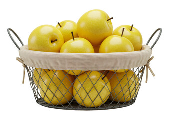黄色いリンゴが詰まったバスケットのクローズアップ 透明な背景に新鮮な収穫の果物と食品