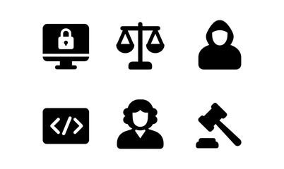 Cybersecurity and justice icons: technology, law, and coding symbols in silhouette style