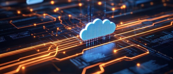 A digital representation of cloud computing, featuring interconnected lines and circuits, symbolizing data transfer and technology.