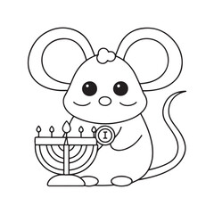 Cute cartoon mouse holding a menorah with lit candles and a dreidel animal
