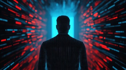 A silhouette of a person stands before a glowing door, surrounded by streams of binary code in red and blue hues, evoking a digital or virtual reality theme.