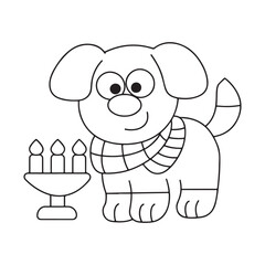 Cartoon dog wearing a scarf next to a menorah with three candles puppy illustration