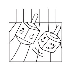 Line art illustration of two dreidels spinning on a striped surface game hanukkah
