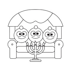 Cartoon family of three on a couch with a menorah for Hanukkah celebration candle light
