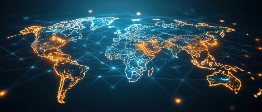 A digital map of the world illuminated with vibrant blue and orange lights, showcasing network connections across continents. - Powered by Adobe