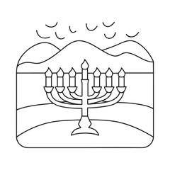Line art of a menorah with a mountainous landscape and wavy lines in the sky Hanukkah mountains