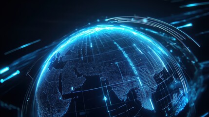 A futuristic digital representation of Earth, showcasing a network of glowing lines and data points, emphasizing global connectivity and technology.