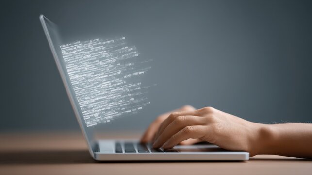 Close-Up of a Person's Hand Typing on a Laptop Keyboard with Floating Coding Text in Soft Focus Against a Gray Background