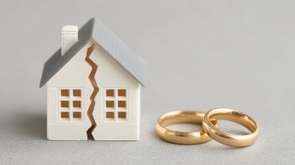 Conceptual image of broken house model representing divorce, with wedding rings symbolizing separation and financial implications of marital dissolution.