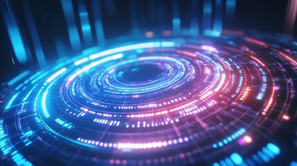 A vibrant, circular digital pattern with blue and pink lights, creating a futuristic and technological ambiance.