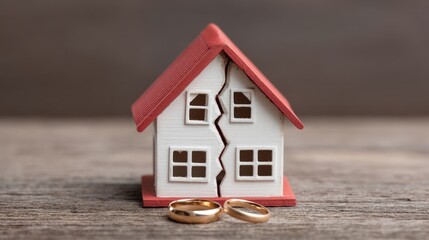 Concept of divorce represented by a broken house model with wedding rings, symbolizing separation and emotional impact on family life and relationships