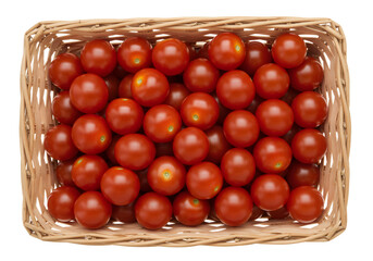 バスケットの中の多数の熟したミニトマトのトップビュー透明背景