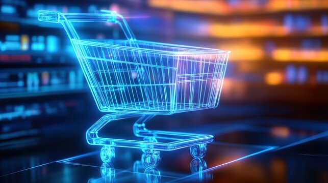 A futuristic, glowing shopping cart rendered in blue lines, set against a vibrant digital backdrop, symbolizing modern online shopping.