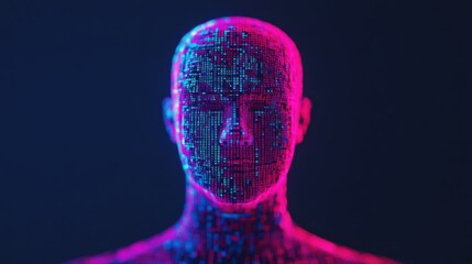 A digital humanoid figure with a glowing, pixelated surface, showcasing a blend of blue and pink colors against a dark background.