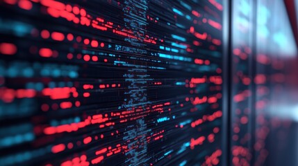 A visually striking digital display featuring vibrant blue and red data streams on a dark background, representing technology and information flow.