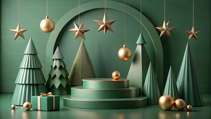 Festive Green Christmas Display Golden Accents Elegant Holiday Scene