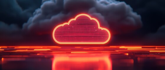 A glowing red cloud icon surrounded by dark, ominous clouds, suggesting a digital or tech-related theme.