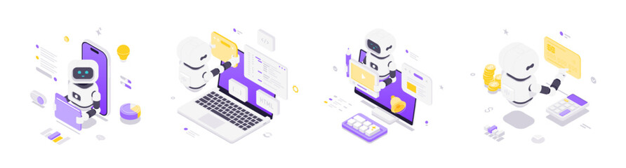 Isometric vector illustration featuring robots interacting with devices, artificial intelligence, business automation, digital innovation, programming, multimedia, and financial technology operations