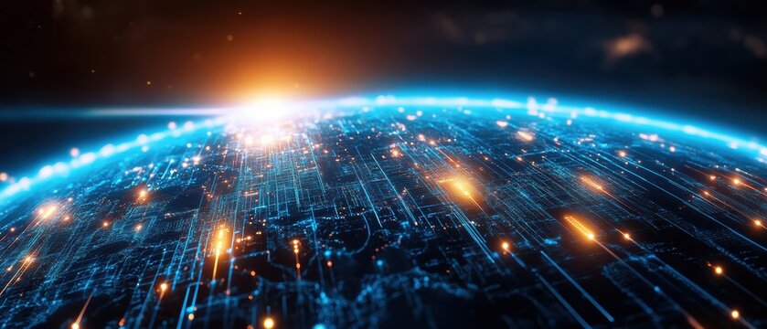 A vibrant digital representation of Earth, illuminated by a shimmering network of lights and data, highlighting connectivity and technological advancement.
