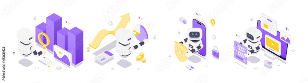 Wall mural isometric vector illustration showing artificial intelligence robots in scenes of big data analytics