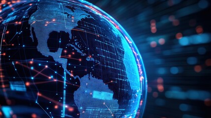 A futuristic depiction of Earth, showcasing interconnected networks and glowing data points across continents.