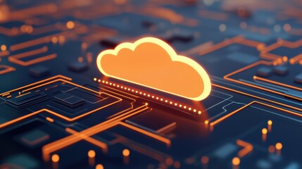 A glowing cloud icon on a digital circuit background, symbolizing cloud computing and technology advancements.