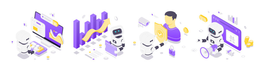 Isometric vector illustration depicting artificial intelligence robots performing internet data processing, big data analytics, cybersecurity protection and automated marketing in a technology concept