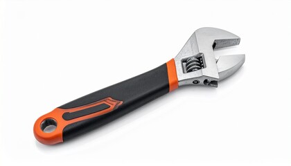 Fototapeta premium Render a metallic adjustable wrench with long handle, hanging hole, and movable jaw mechanism, isolated on white background, emphasizing mechanical utility, durability, and tool design.